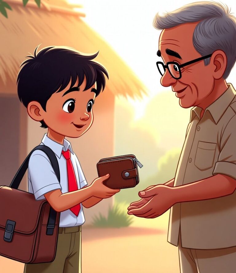 An honest Indian school boy returning a lost wallet to a teacher, village background, warm sunlight, emotional and positive atmosphere, child-friendly cartoon illustration, bright colors, soft shadows, kids moral story, high quality, WordPress feature image, Hindi story