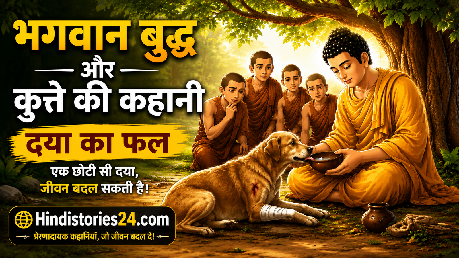 बुद्ध और मासूम घायल कुत्ता की कहानी – “दया का फल”